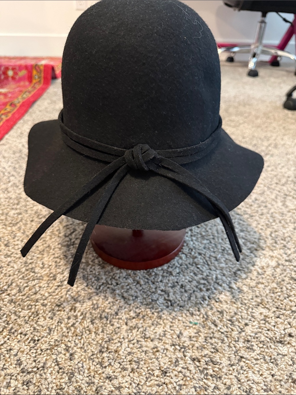 Vintage Nordstrom Womens Italy Black Wool Floppy Brim Tassel Cloche Hat One Size